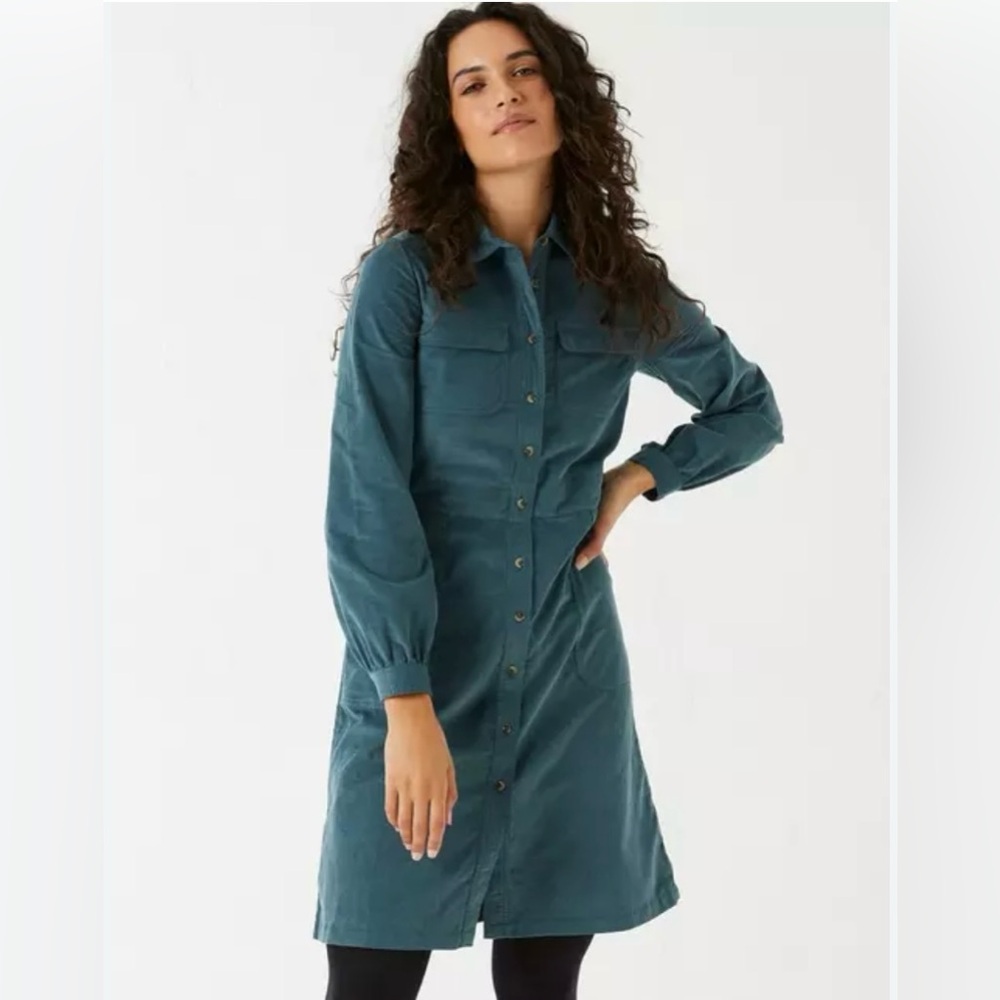 Fat Face Corduroy Shirt Dress Women 4 Tabitha Button Pocket Teal Preppy Academia